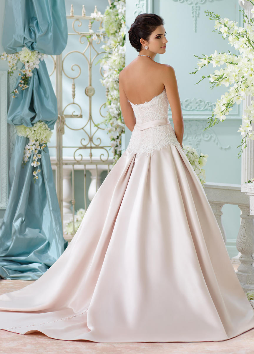 David Tutera Wedding Gown, Dropped Waist Beaded Lace Bodice, Satin Box Pleated Full Skirt, Size 6 & Size 14