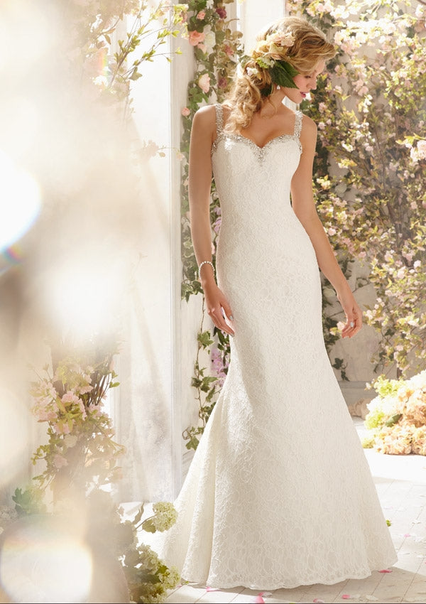 Lace, fit & flare bridal gown with beaded neckline & straps, Size 12 –  KasiasBridalOutlet