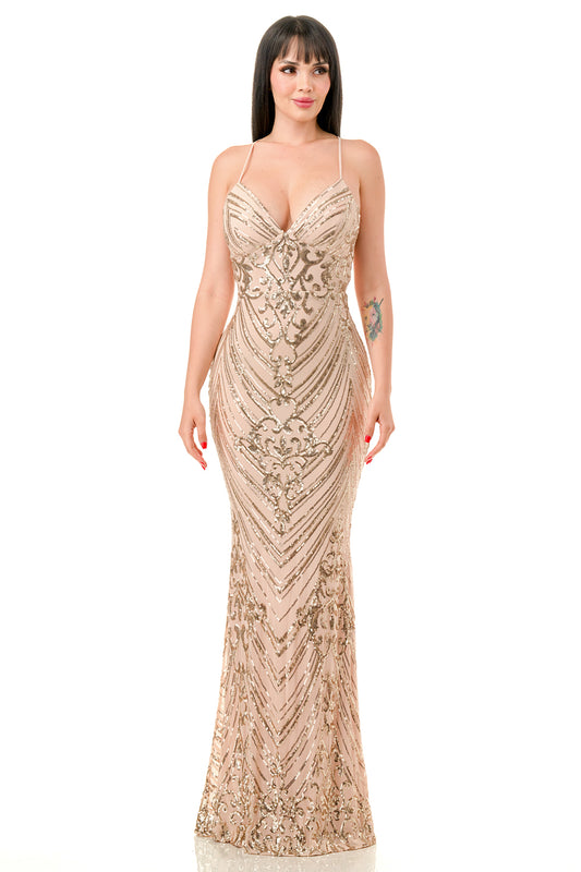 SLEEVELESS SEQUIN MAXI MERMAID, Champagne & Gold Prom Dress LSCD30177