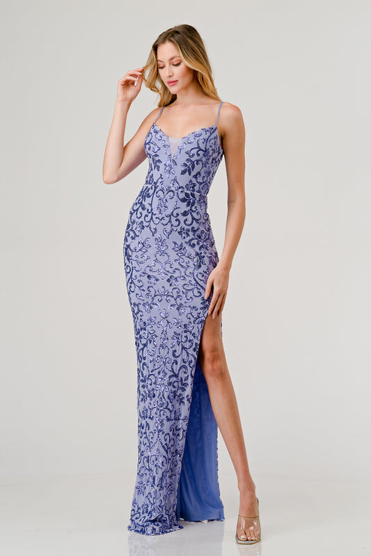 Lavendar Sequin V-neck, high slit, slip on Maxi Dress, Body Con, Prom Dress, Evening Gown LSCD41013
