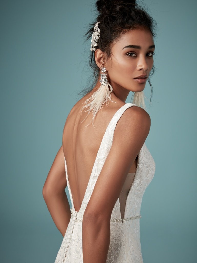 Deep v-neck & v-back, aline bridal gown, with brocade lace overlay. Ivory over blush, Size 10