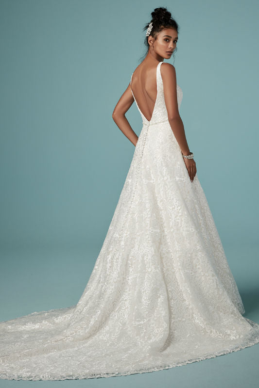 Deep v-neck & v-back, aline bridal gown, with brocade lace overlay. Ivory over blush, Size 10