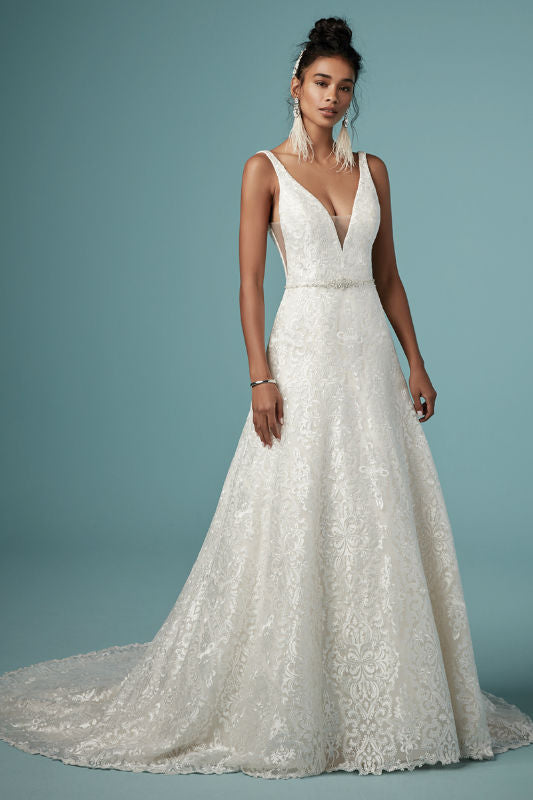 Monika - Deep v-neck & v-back, aline bridal gown, with brocade lace ov KasiasBridalOutlet Monika - Deep v-neck & v-back, aline bridal gown, with brocade lace ov KasiasBridalOutlet