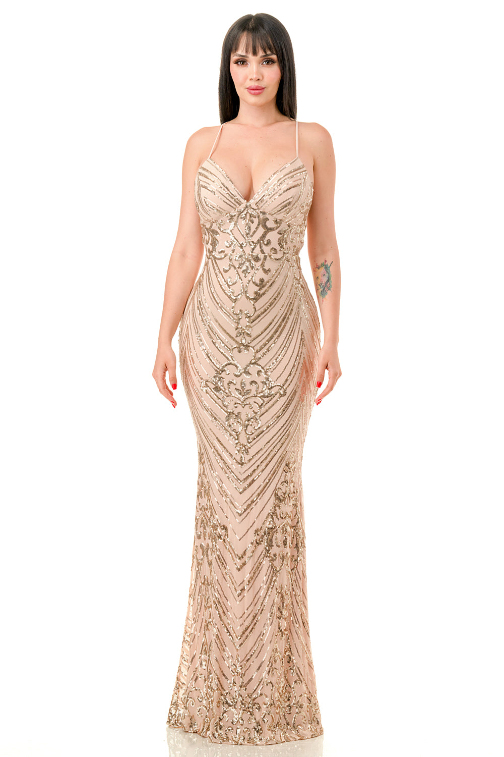 SLEEVELESS SEQUIN MAXI MERMAID, Champagne & Gold Prom Dress LSCD30177