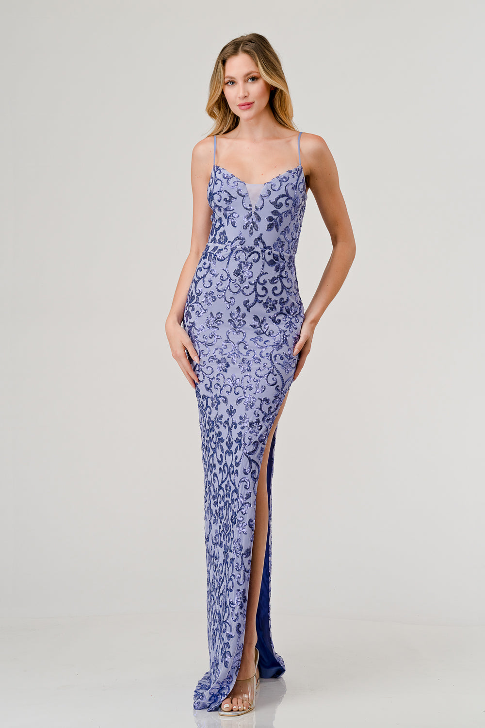 Lavendar Sequin V-neck, high slit, slip on Maxi Dress, Body Con, Prom Dress, Evening Gown LSCD41013