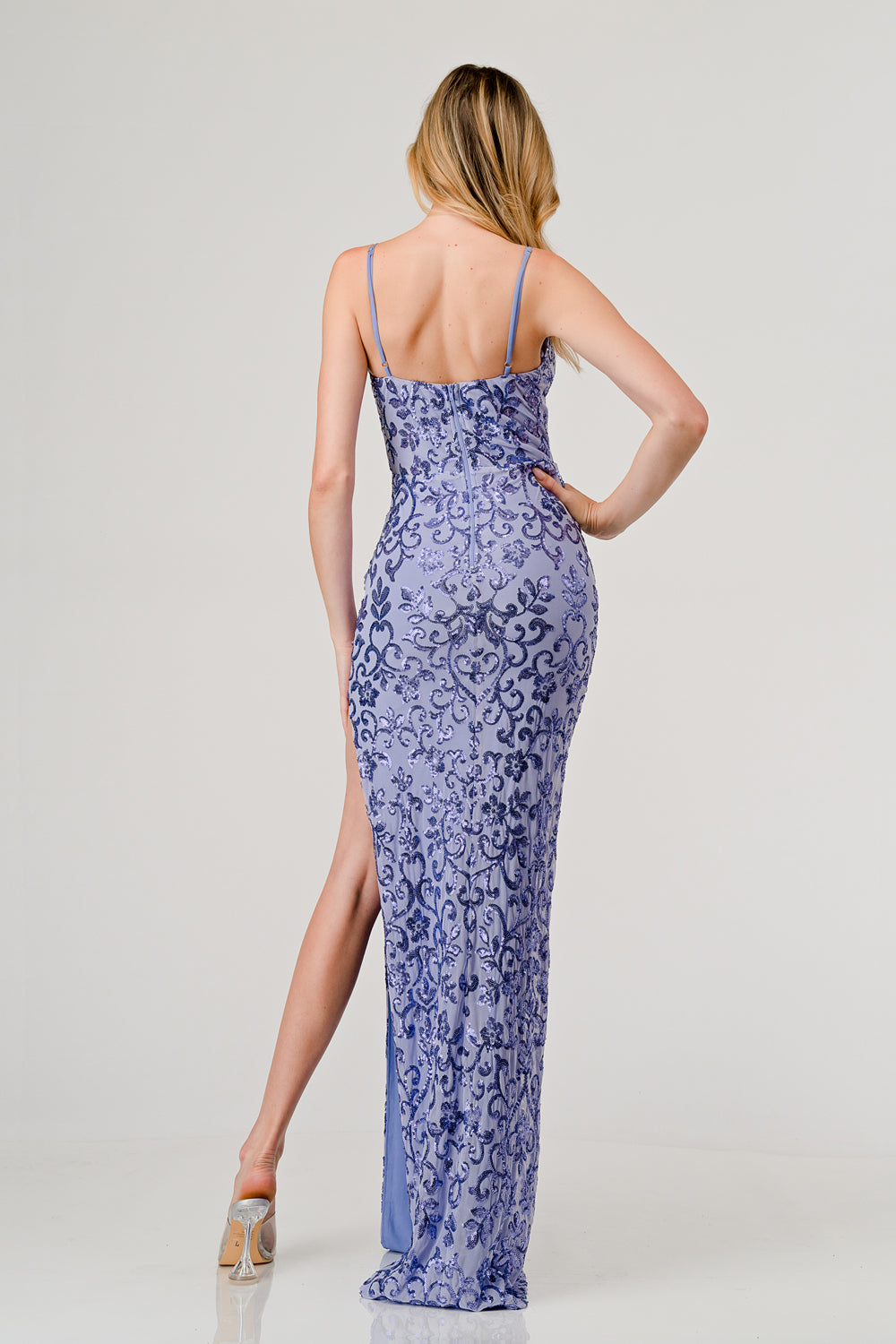 Lavendar Sequin V-neck, high slit, slip on Maxi Dress, Body Con, Prom Dress, Evening Gown LSCD41013